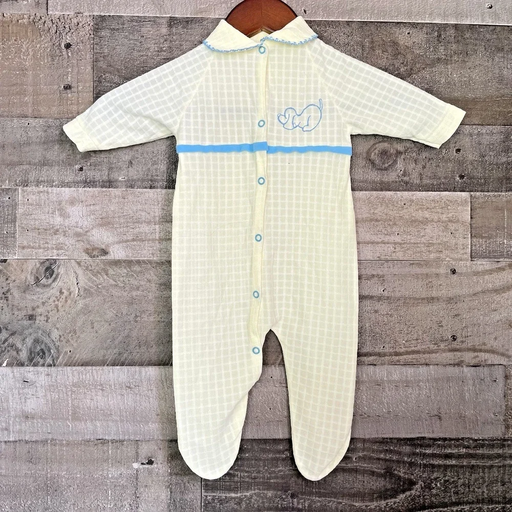 Cutler's Cuvver-Ups 80s Vintage Yellow Embroidered Puppy Sleeper Sz L‎ 14-19 lbs